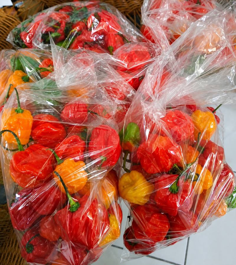 Scotch bonnets and hot peppers, bagged fresh